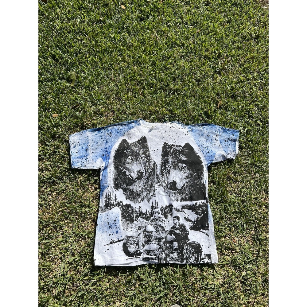Vintage Accord Two Wolves Bikers Landscape All Over Print T-Shirt Mens L Ivory